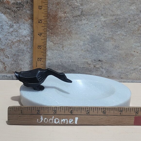 Decorative Marble Soap Dish Jewelry Holder Black Metal Bird Figure - Picture 7 of 11